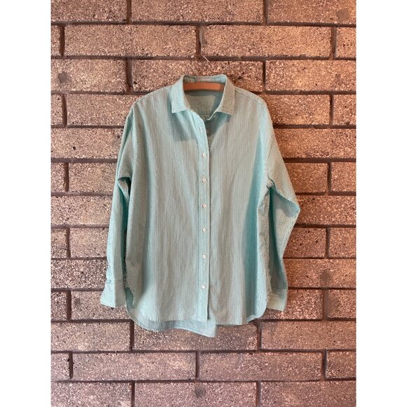 J.McLaughlin Womens Seersucker Button-Down Shirt L Striped Aqua White Cotton Rel - Picture 1 of 8